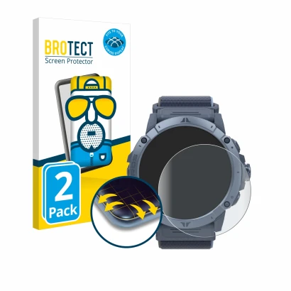 Front side of a product packaging with the brand logo BROTECT. Next to it is the device Coros Vertix 2S shown with the corresp