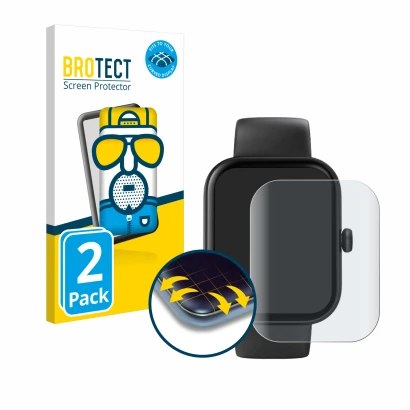 Front side of a product packaging with the brand logo BROTECT. Next to it is the device Hama Fit Watch 5000 shown with the cor