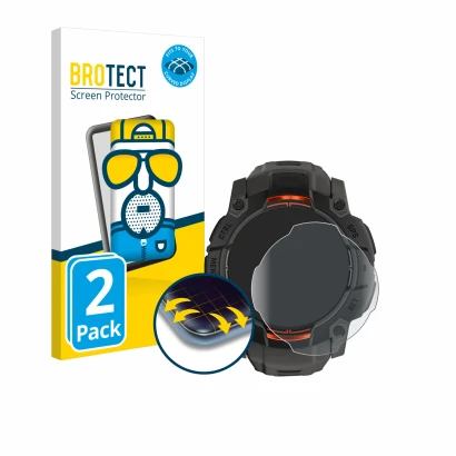 Front side of a product packaging with the brand logo BROTECT. Next to it is the device Garmin Instinct 3 Solar (50 mm) shown 