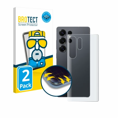 Front side of a product packaging with the brand logo BROTECT. Next to it is the device Samsung Galaxy S25 Ultra (Back) shown 