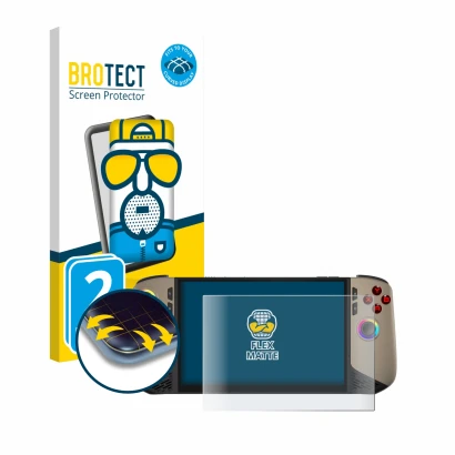 Front side of a product packaging with the brand logo BROTECT. Next to it is the device MSI Claw 8 AI+ shown with the correspo