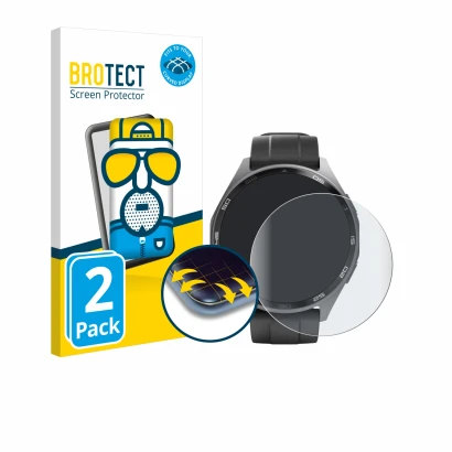 Front side of a product packaging with the brand logo BROTECT. Next to it is the device Hama Smartwatch 7010 shown with the co