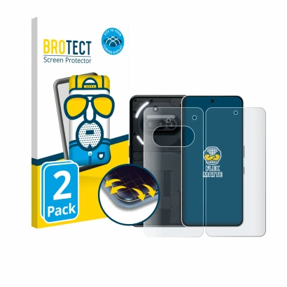 Front side of a product packaging with the brand logo BROTECT. Next to it is the device Nothing Phone (3a) (Front+Back) shown 