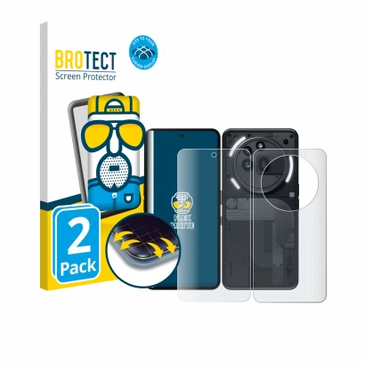 Front side of a product packaging with the brand logo BROTECT. Next to it is the device Nothing Phone (3a) Pro (Front+Back) sh