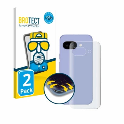 Front side of a product packaging with the brand logo BROTECT. Next to it is the device Google Pixel 9a (Back) shown with the 