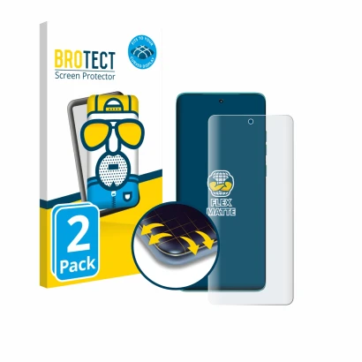 Front side of a product packaging with the brand logo BROTECT. Next to it is the device Motorola Edge 60 shown with the corres