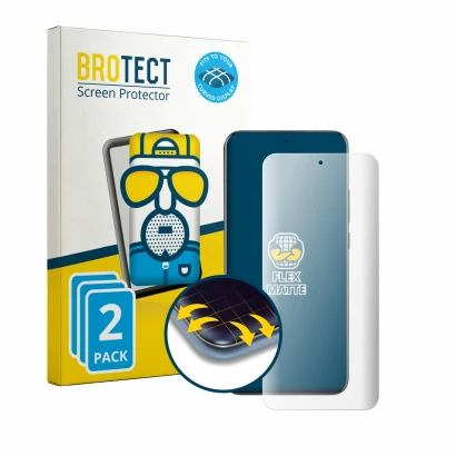 Front side of a product packaging with the brand logo BROTECT. Next to it is the device Oppo Reno 13 Pro shown with the corres