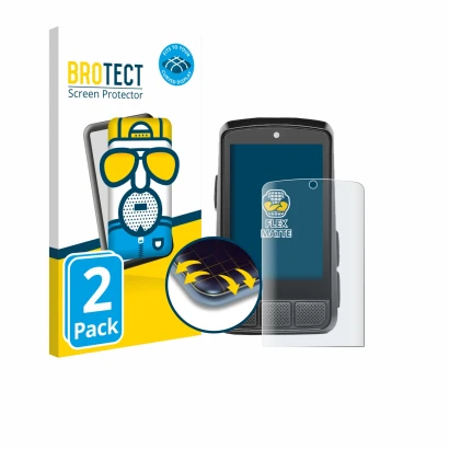 Front side of a product packaging with the brand logo BROTECT. Next to it is the device Wahoo Elemnt Bolt 3 shown with the cor