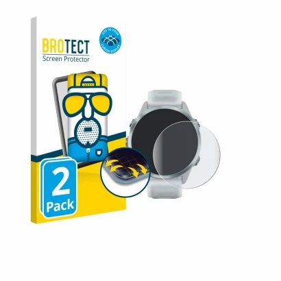 Front side of a product packaging with the brand logo BROTECT. Next to it is the device Garmin Forerunner 570 (42 mm) shown wi