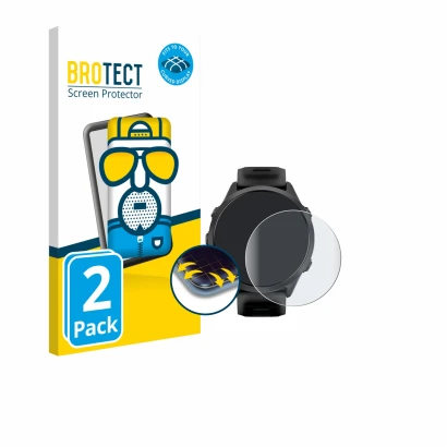 Front side of a product packaging with the brand logo BROTECT. Next to it is the device Garmin Forerunner 570 (47 mm) shown wi