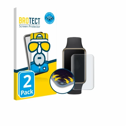 Front side of a product packaging with the brand logo BROTECT. Next to it is the device Honor Band 10 shown with the correspon