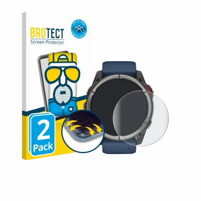 Front side of a product packaging with the brand logo BROTECT. Next to it is the device Garmin quatix 8 (51 mm) shown with the