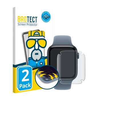 Front side of a product packaging with the brand logo BROTECT. Next to it is the device Apple Watch SE 3 (44 mm) shown with th