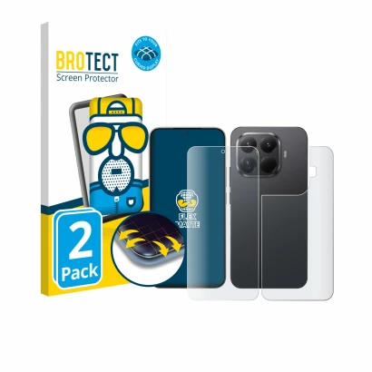 Front side of a product packaging with the brand logo BROTECT. Next to it is the device Xiaomi 15T Pro (Front+Back) shown with