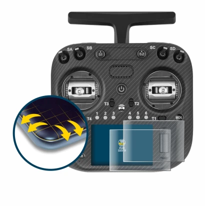 Image of the device Radiomaster TX15 Max with a wide variety of screen protectors.
