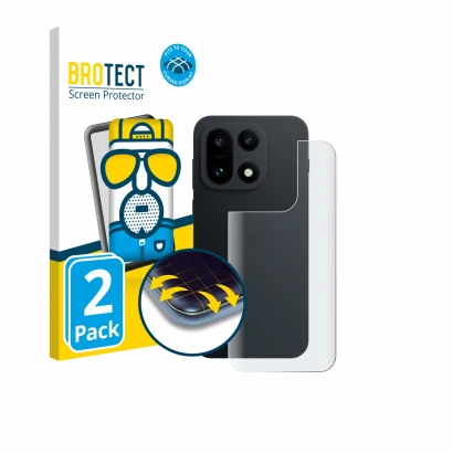 Front side of a product packaging with the brand logo BROTECT. Next to it is the device OnePlus 15 (Back) shown with the corre