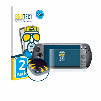 Front side of a product packaging with the brand logo BROTECT. Next to it is the device GPD Win 5 shown with the corresponding