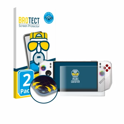 Front side of a product packaging with the brand logo BROTECT. Next to it is the device MSI Claw A8 BZ2EM shown with the corre