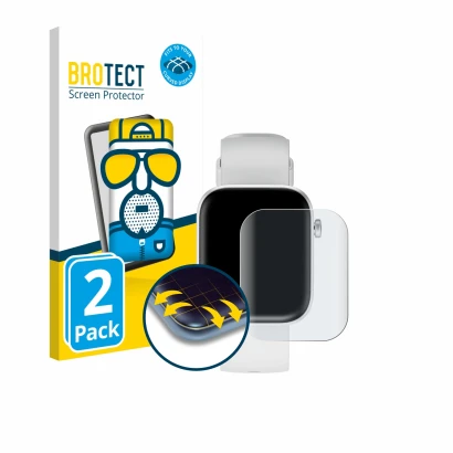 Front side of a product packaging with the brand logo BROTECT. Next to it is the device HMD Watch P1 shown with the correspond