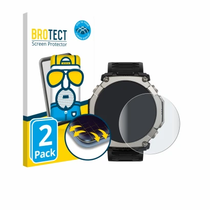 Front side of a product packaging with the brand logo BROTECT. Next to it is the device Huami Amazfit T-Rex Ultra 2 shown with