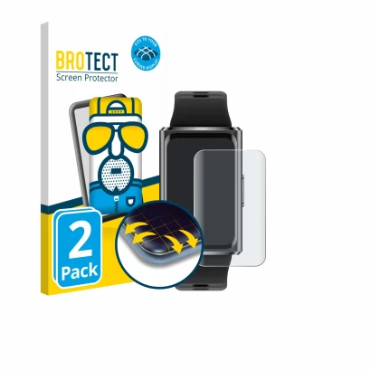 Front side of a product packaging with the brand logo BROTECT. Next to it is the device Huawei Band 11 Pro shown with the corr