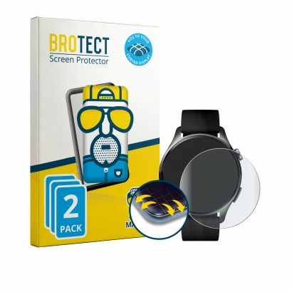 Front side of a product packaging with the brand logo BROTECT. Next to it is the device Xiaomi Watch 5 (47 mm) shown with the