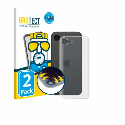 Front side of a product packaging with the brand logo BROTECT. Next to it is the device Apple iPhone 17e (Back) shown with the