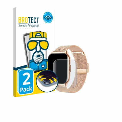 Front side of a product packaging with the brand logo BROTECT. Next to it is the device APAUK Smartwatch 2.01" shown with the 