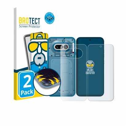 Front side of a product packaging with the brand logo BROTECT. Next to it is the device Nothing Phone (4a) (Front+Back) shown 