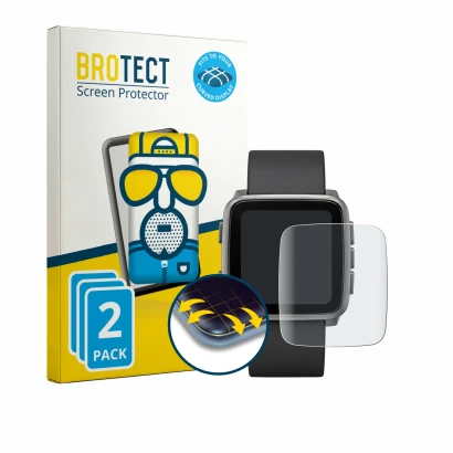 Front side of a product packaging with the brand logo BROTECT. Next to it is the device Pebble Time 2 2026 shown with the corr