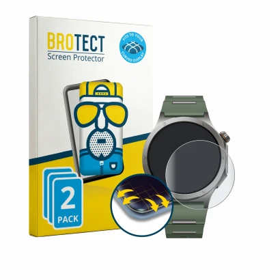 Front side of a product packaging with the brand logo BROTECT. Next to it is the device OnePlus Watch 4 shown with the corresp