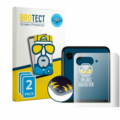 Front side of a product packaging with the brand logo BROTECT. Next to it is the device Motorola Razr 70 Plus (Back display) s