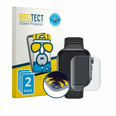 Front side of a product packaging with the brand logo BROTECT. Next to it is the device Huawei Watch Fit 5 Pro shown with the