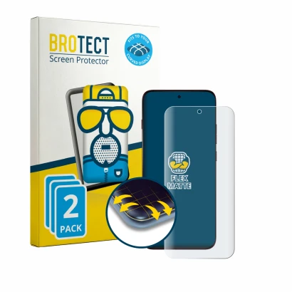 Front side of a product packaging with the brand logo BROTECT. Next to it is the device Motorola Edge 70 Pro Plus shown with t
