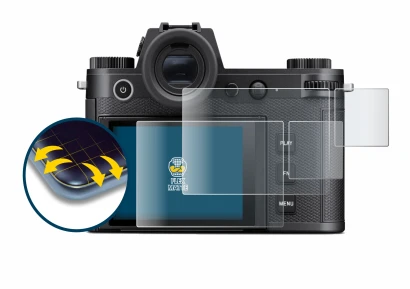 Image of the device Leica SL3-P (Display + top plate display) with a wide variety of screen protectors.