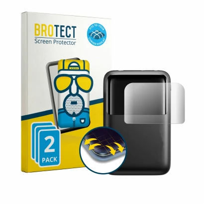 Front side of a product packaging with the brand logo BROTECT. Next to it is the device INIU Cougar P63-E1 shown with the corr