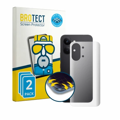 Front side of a product packaging with the brand logo BROTECT. Next to it is the device Xiaomi Poco X8 Pro Max (Back) shown wi