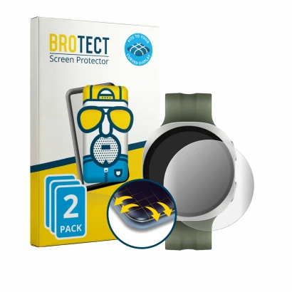 Front side of a product packaging with the brand logo BROTECT. Next to it is the device Samsung Galaxy Watch 9 (40 mm) shown w