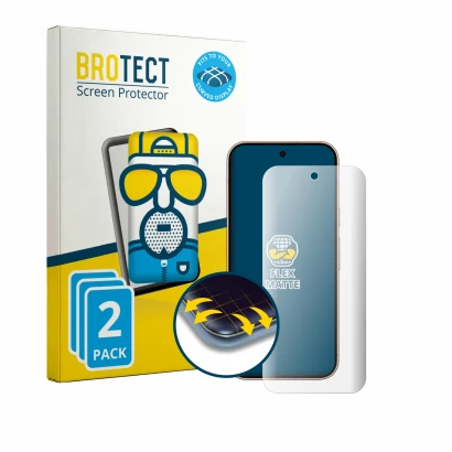 Front side of a product packaging with the brand logo BROTECT. Next to it is the device Google Pixel 11 Pro shown with the cor