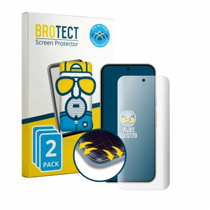 Front side of a product packaging with the brand logo BROTECT. Next to it is the device Google Pixel 11 Pro XL shown with the