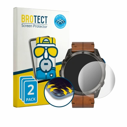 Front side of a product packaging with the brand logo BROTECT. Next to it is the device Garmin D2 Mach 2 Pro (51 mm) shown wit