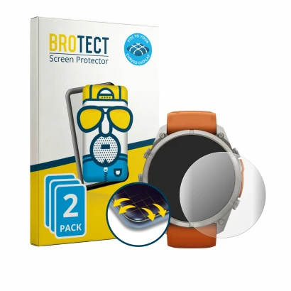 Front side of a product packaging with the brand logo BROTECT. Next to it is the device Garmin Fenix 9 Pro (51 mm) shown with
