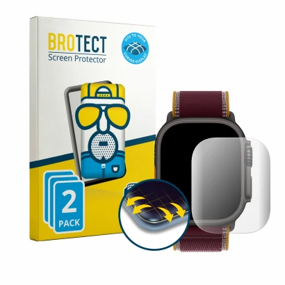 Front side of a product packaging with the brand logo BROTECT. Next to it is the device Apple Watch Ultra 4 (49 mm) shown with