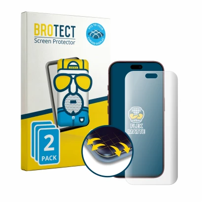 Front side of a product packaging with the brand logo BROTECT. Next to it is the device Apple iPhone 18 Pro shown with the cor