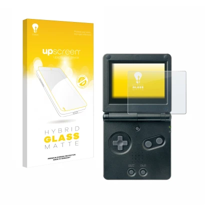 Front side of a product packaging with the brand logo upscreen. Next to it is the device Nintendo Gameboy Advance GBA SP shown