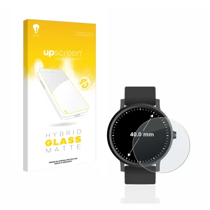 Front side of a product packaging with the brand logo upscreen. Next to it is the device Watches (Circular, ø: 40 mm) shown wi