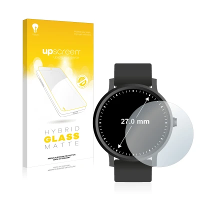 Front side of a product packaging with the brand logo upscreen. Next to it is the device Watches (Circular, ø: 27 mm) shown wi