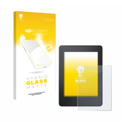 Front side of a product packaging with the brand logo upscreen. Next to it is the device Amazon Kindle Paperwhite 2015 (7th Ge
