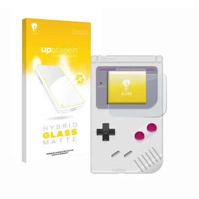 Front side of a product packaging with the brand logo upscreen. Next to it is the device Nintendo Gameboy (1989) shown with th