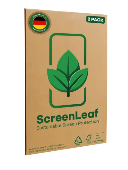 Front side of a product packaging with the brand logo ScreenLeaf